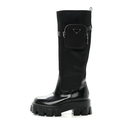 Prada Spazzolato Rois Re-Nylon Metal Triangle Logo Monolith Pouch Pocket 55mm Tall Boots 37 Black 1 of 9