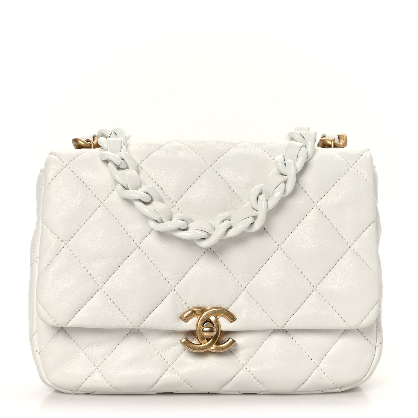 Lambskin Quilted Small Lacquered Chain Flap White