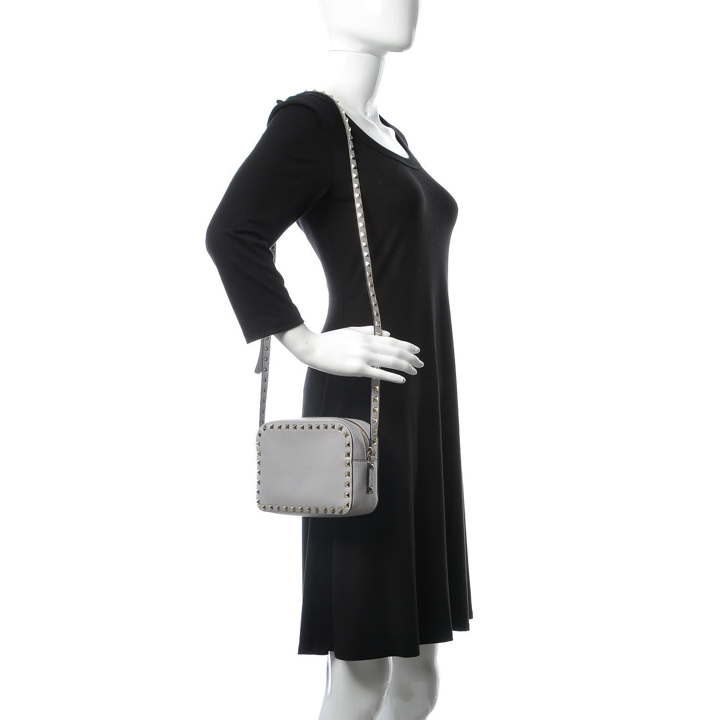 Grained Calfskin Rockstud Camera Crossbody Bag Pastel Grey