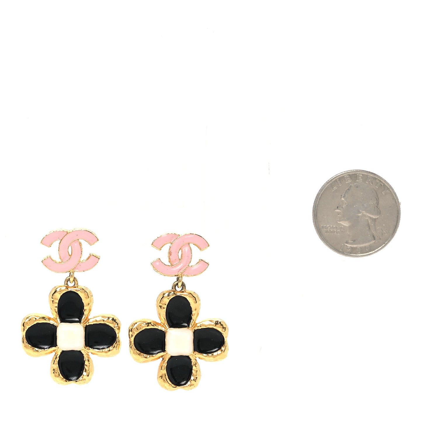 Resin Metal Glass CC Clover Drop Earrings Gold Black Pink