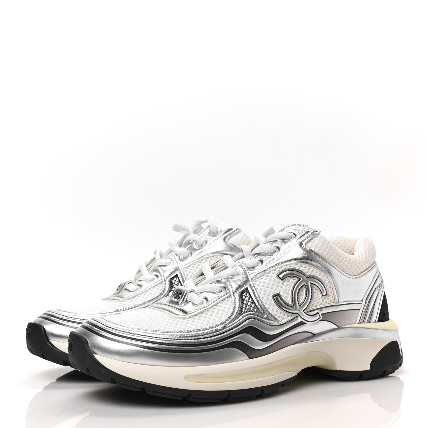 Fabric Laminated Calfskin Stretch CC Womens Sneakers 38 White Silver