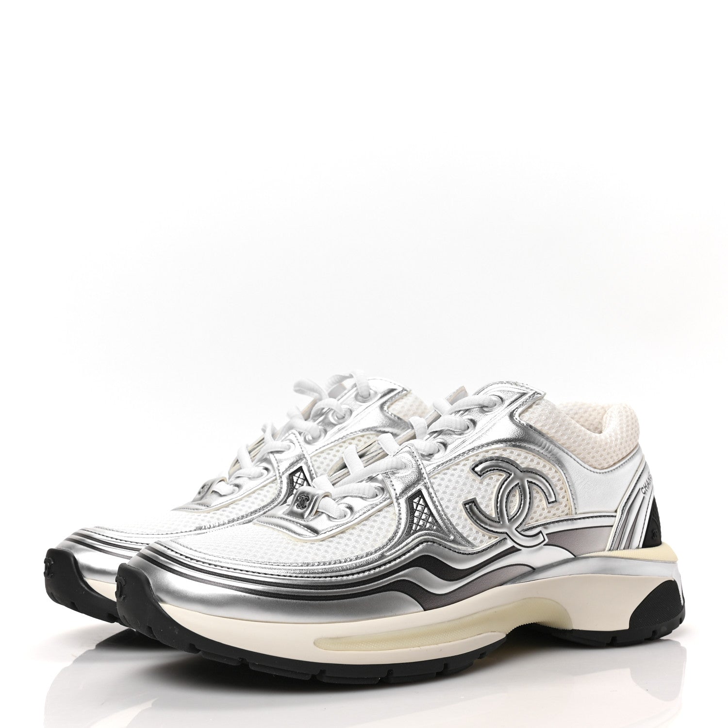 Chanel Fabric Laminated Calfskin Stretch CC Womens Sneakers 38 White Silver 3 of 6