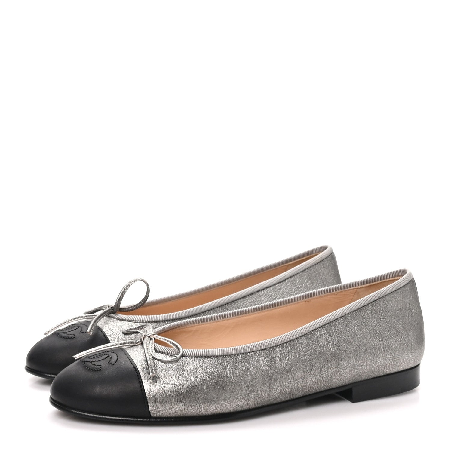 Chanel Metallic Laminated Lambskin Calfskin CC Cap Toe Ballerina Flats 37.5 Argen Black 4 of 10