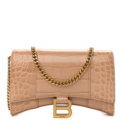 Balenciaga Shiny Calfskin Crocodile Embossed Hourglass Chain Bag Nude Beige 1 of 12