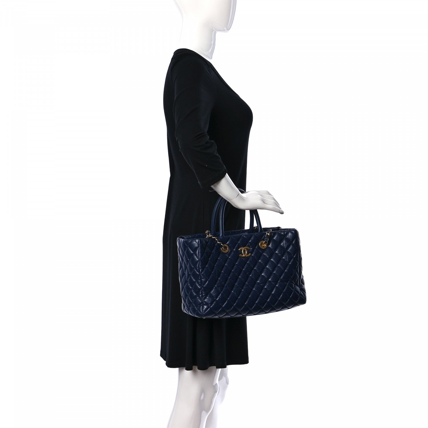 Chanel Aged Calfskin Quilted Large Coco Handle Shopping Tote Navy 2 of 11