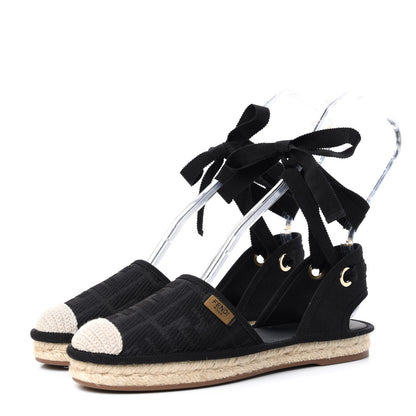Fendi Canvas FF Embroidered Roma Ankle Wrap Flat Espadrilles 36 Black 3 of 9