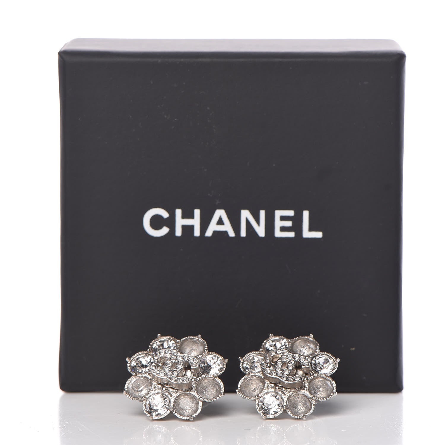 Chanel Crystal CC Flower Earrings Silver 5 of 5