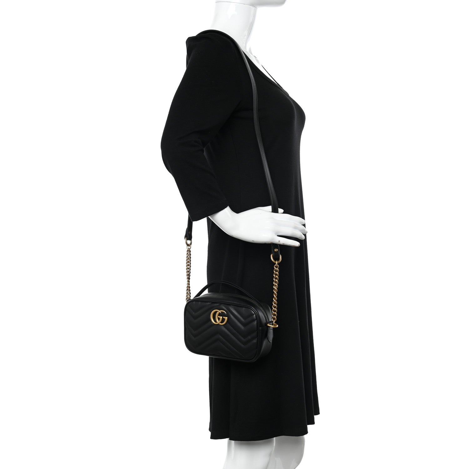 Gucci Calfskin Matelasse Mini GG Marmont Chain Shoulder Bag Black 2 of 8