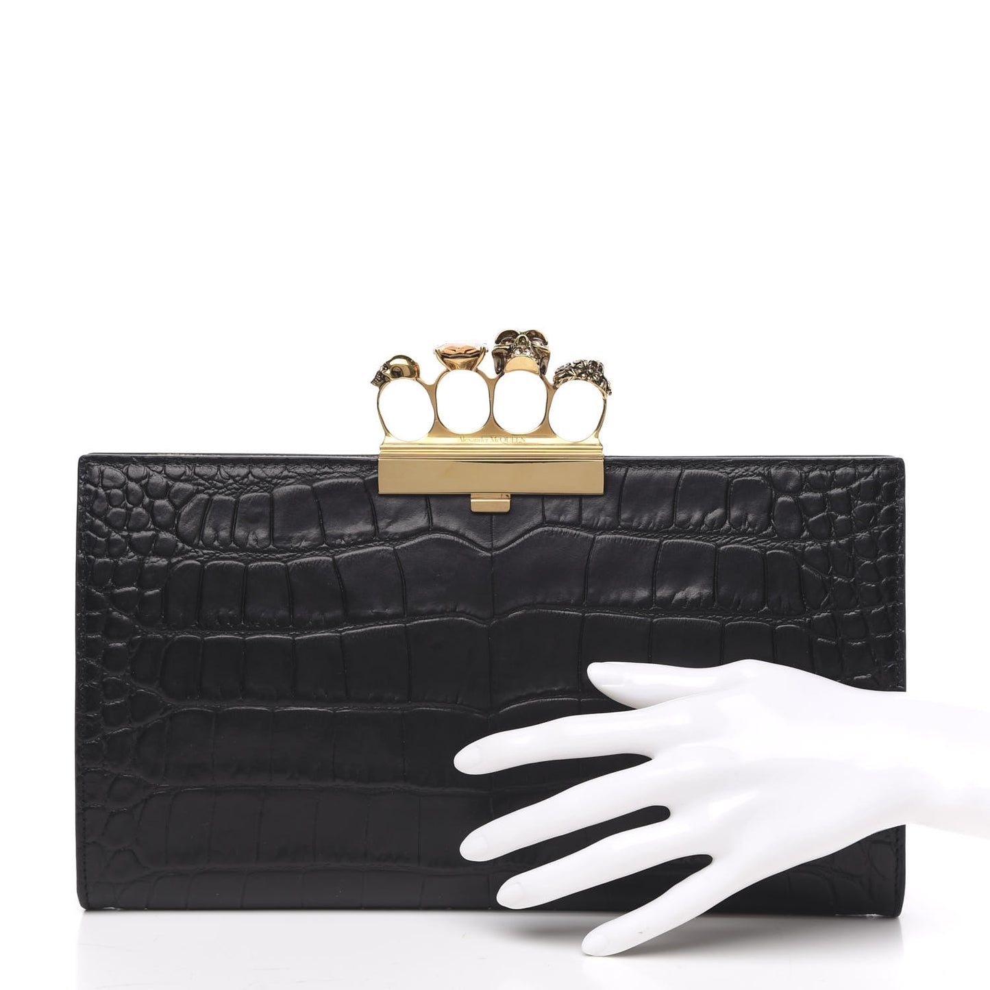 Calfskin Crocodile Embossed Knuckle Flat Clutch Black