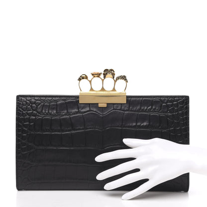 Alexander McQueen Calfskin Crocodile Embossed Knuckle Flat Clutch Black 2 of 8