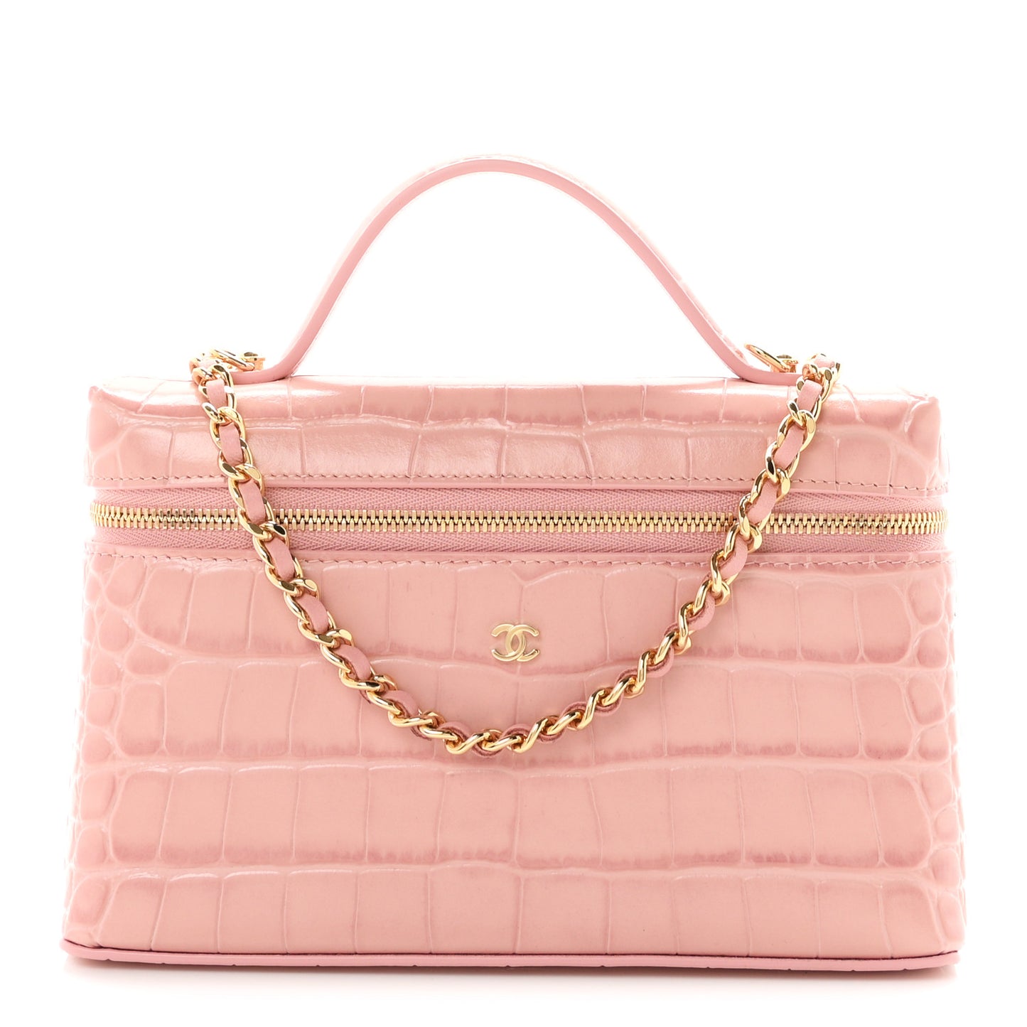 Calfskin Crocodile Embossed Crococo Top Handle Slim Vanity Case With Chain Light Pink