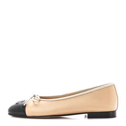 Chanel Lambskin Cap Toe CC Ballerina Flats 36 Beige Black 1 of 11