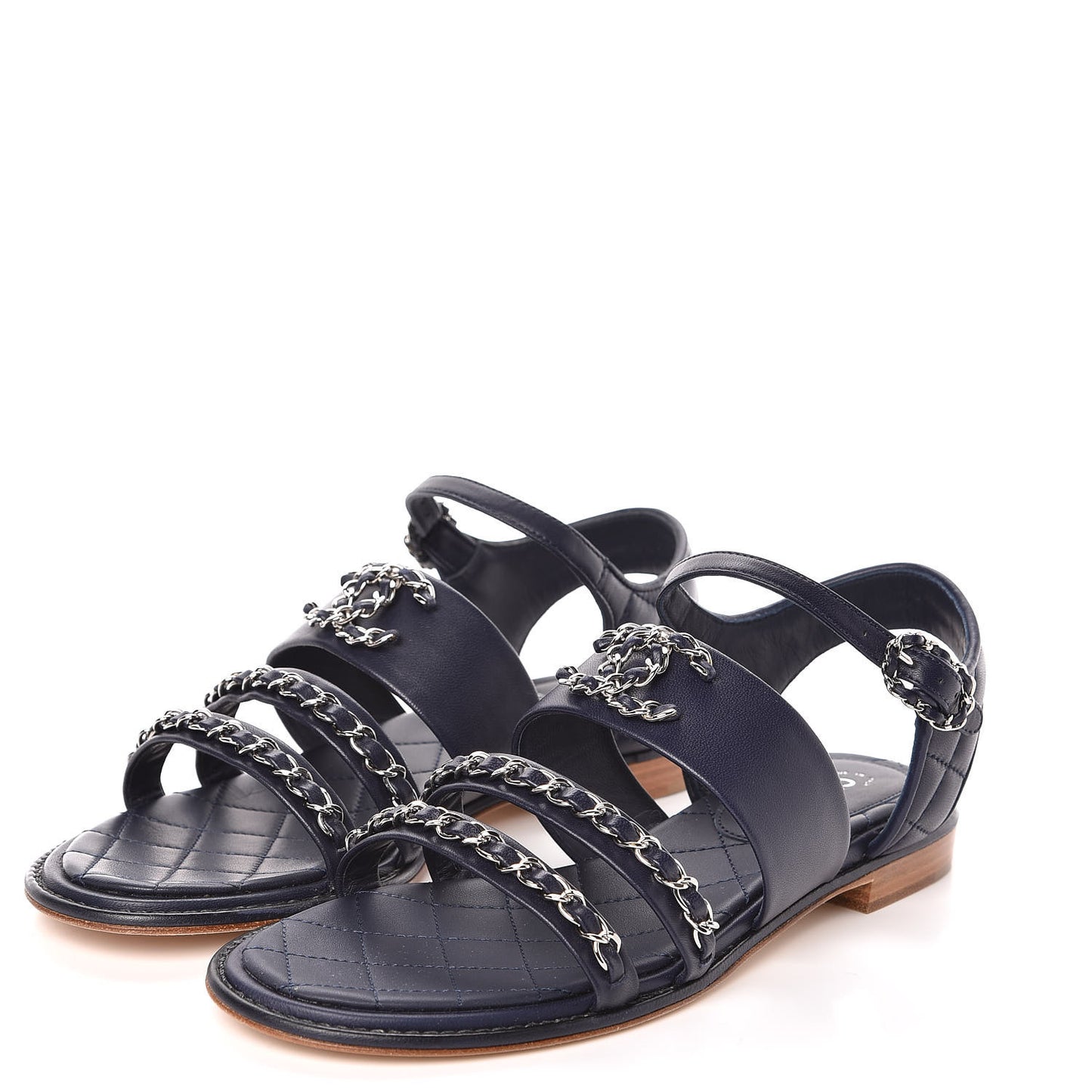 Lambskin Quilted Chain CC Sandals 36 Navy