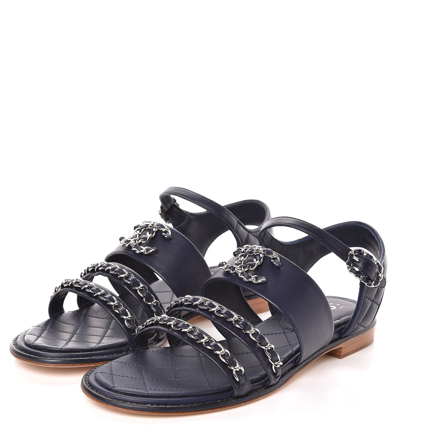 Chanel Lambskin Quilted Chain CC Sandals 36 Navy 3 of 9