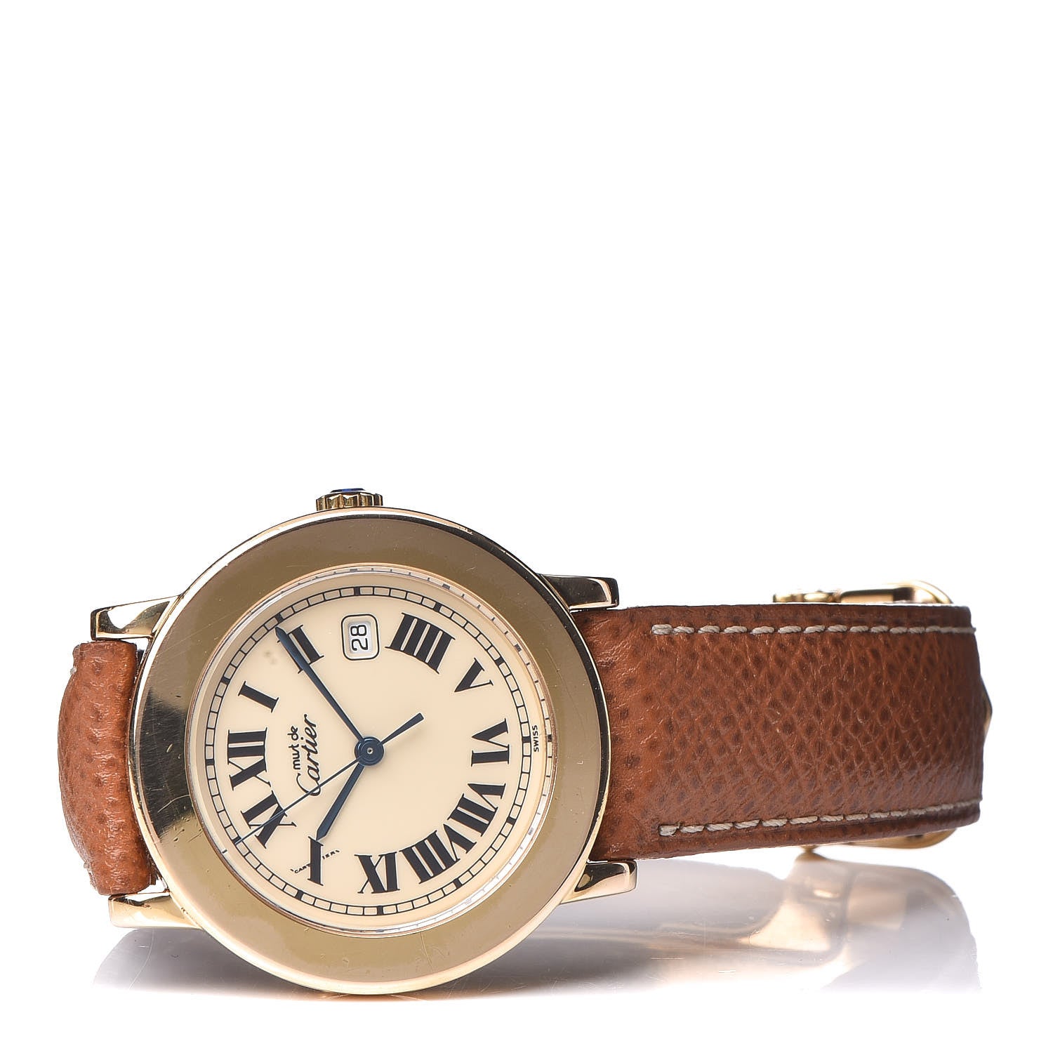 Cartier Sterling Silver 18K Yellow Gold Calfskin 32mm Ronde Must De Cartier Quartz Watch Brown 3 of 9