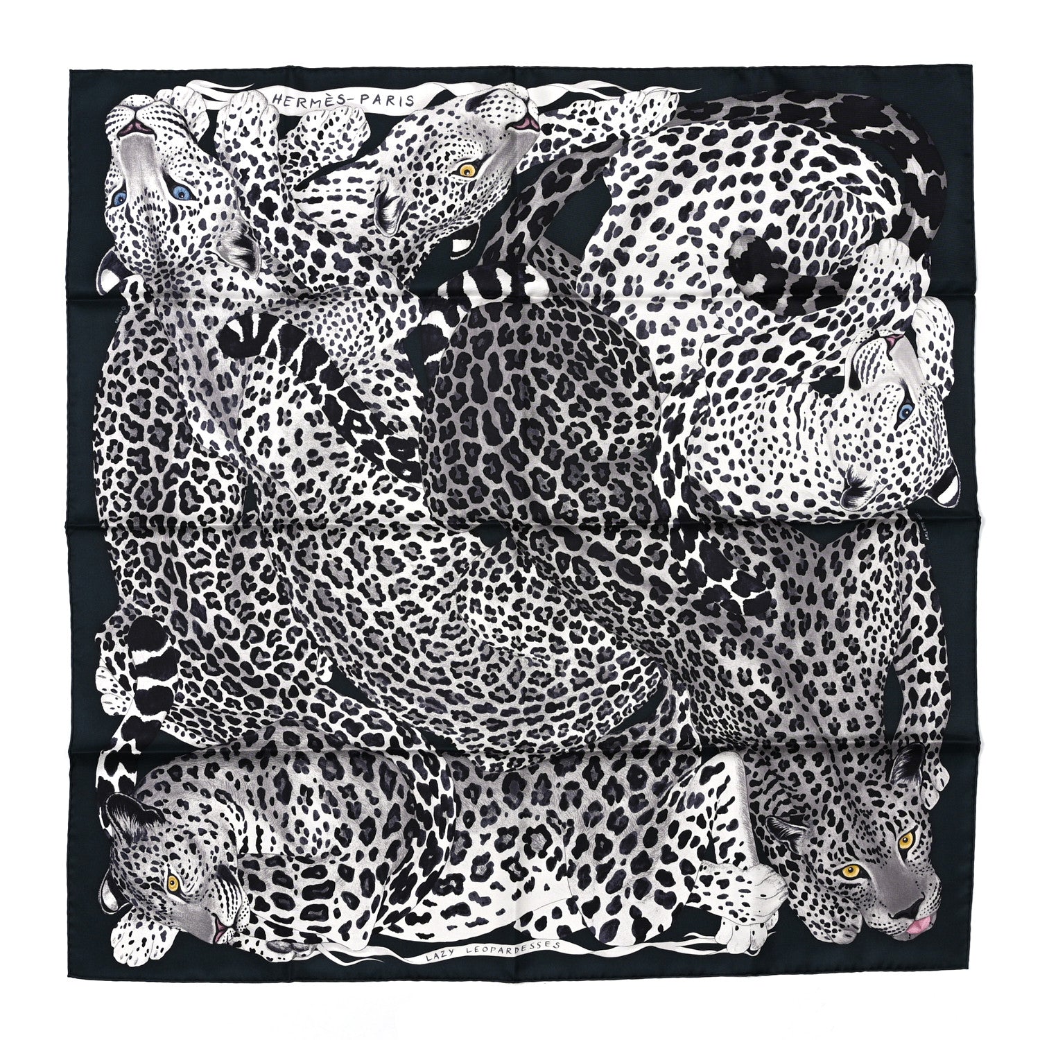 Hermes Silk Twill Lazy Leopardesses Scarf 90 Vert Black Gris 1 of 3