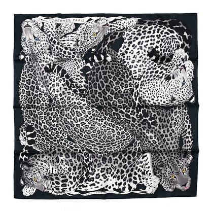 Hermes Silk Twill Lazy Leopardesses Scarf 90 Vert Black Gris 1 of 3