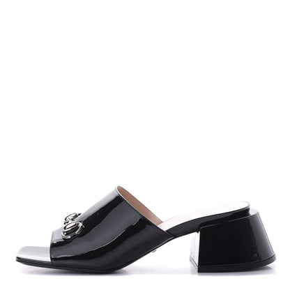 Gucci Patent Lexi Horsebit Mid-Heel Slide Sandals 39 Black 1 of 11