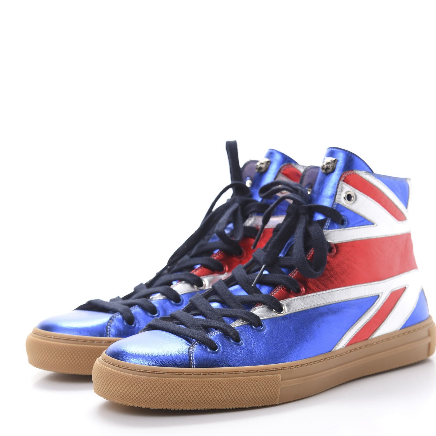 Gucci Metallic Calfskin Union Jack Mens High Top Sneakers 8.5 Red Silver Blue 3 of 7