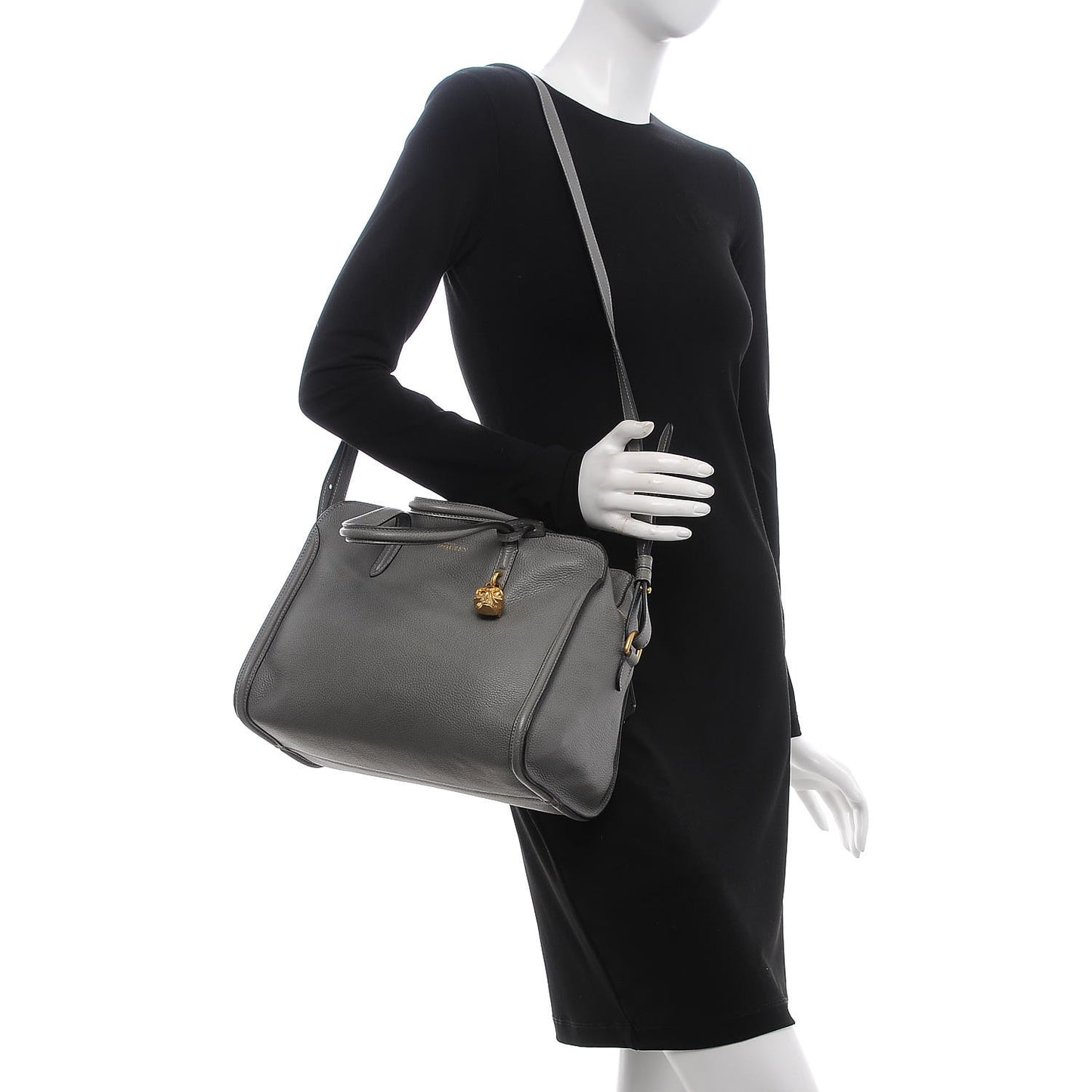Pebbled Calfskin Small Skull Padlock Zip Around Tote Grey
