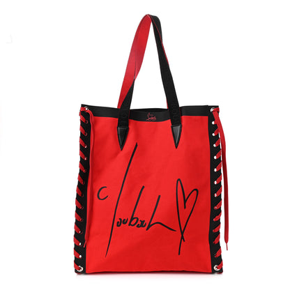 Christian Louboutin Braided Canvas Mini Cabalace Shopper Tote Red Black 1 of 10