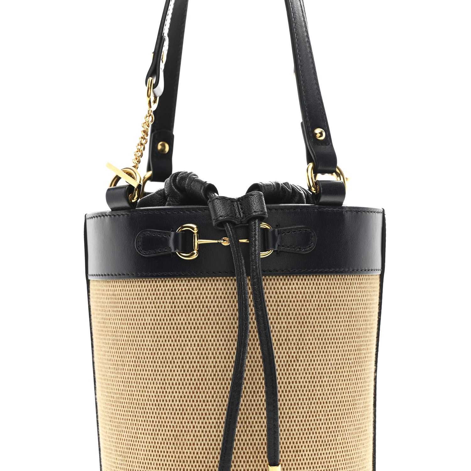 Gucci Canvas Calfskin Small Horsebit 1955 Drawstring Bucket Bag Natural Black 8 of 11