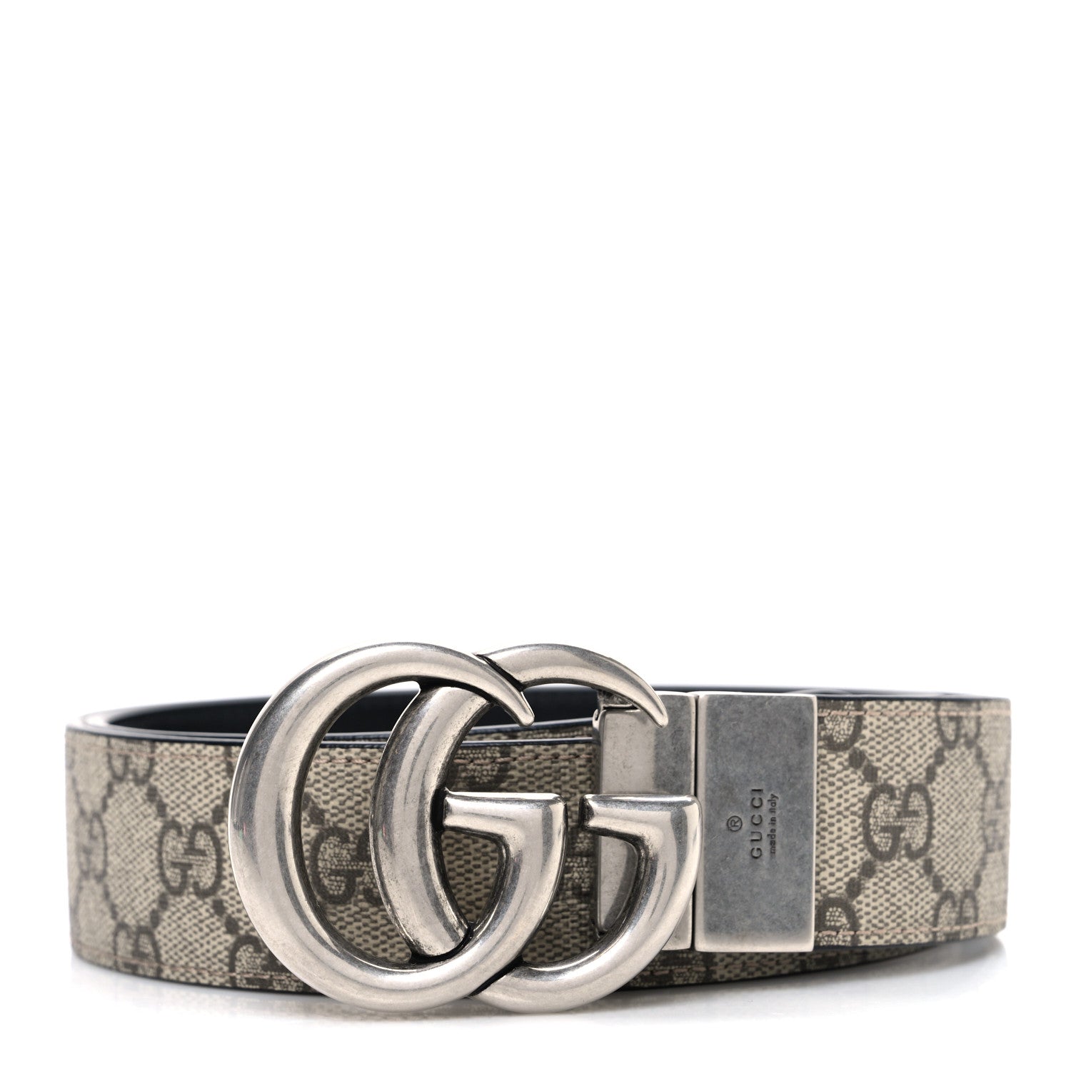 Gucci GG Supreme Monogram Plutone Calfskin Palladium Double G Reversible 37mm Belt 85 34 Beige Ebony Black 1 of 6