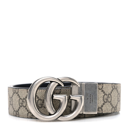 Gucci GG Supreme Monogram Plutone Calfskin Palladium Double G Reversible 37mm Belt 85 34 Beige Ebony Black 1 of 6
