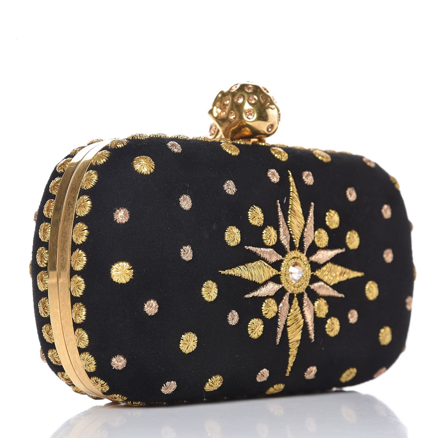 Embroidered Skull Box Clutch Black Gold