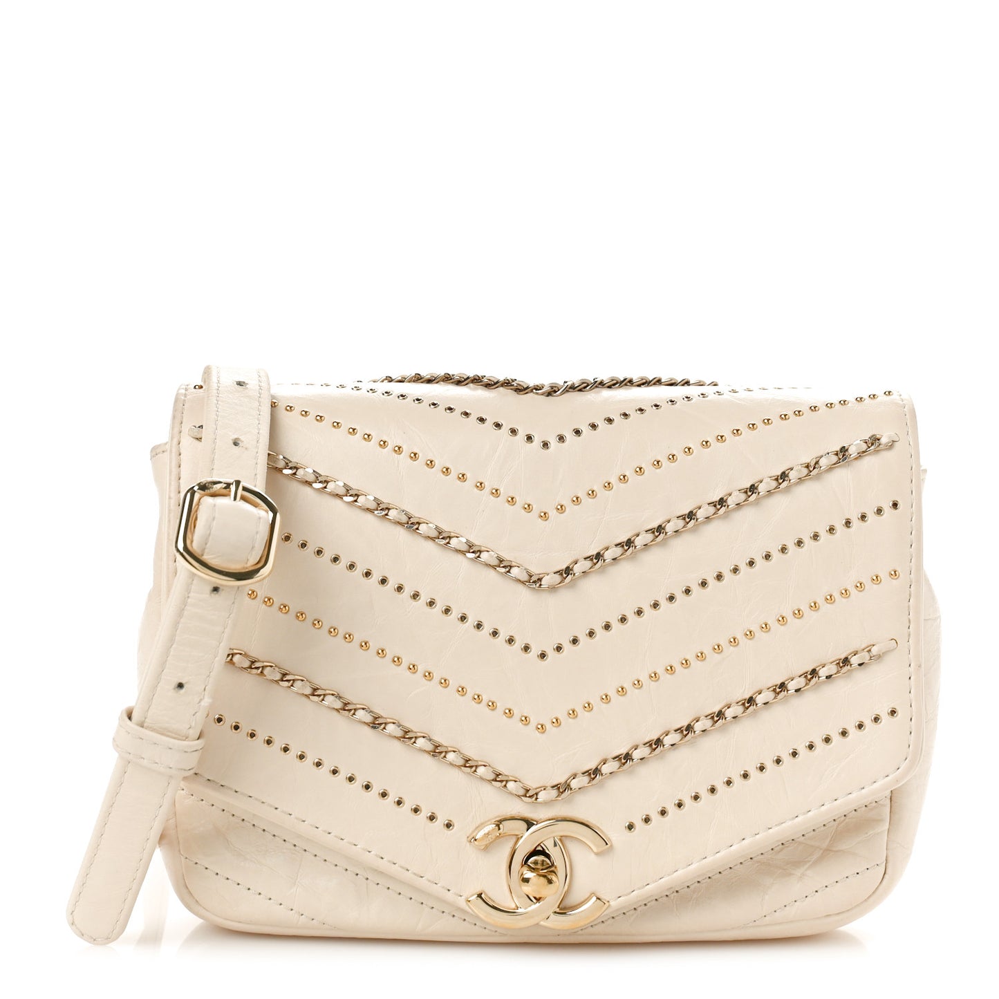 Crumpled Calfskin Chevron Chain Mini Square Ivory