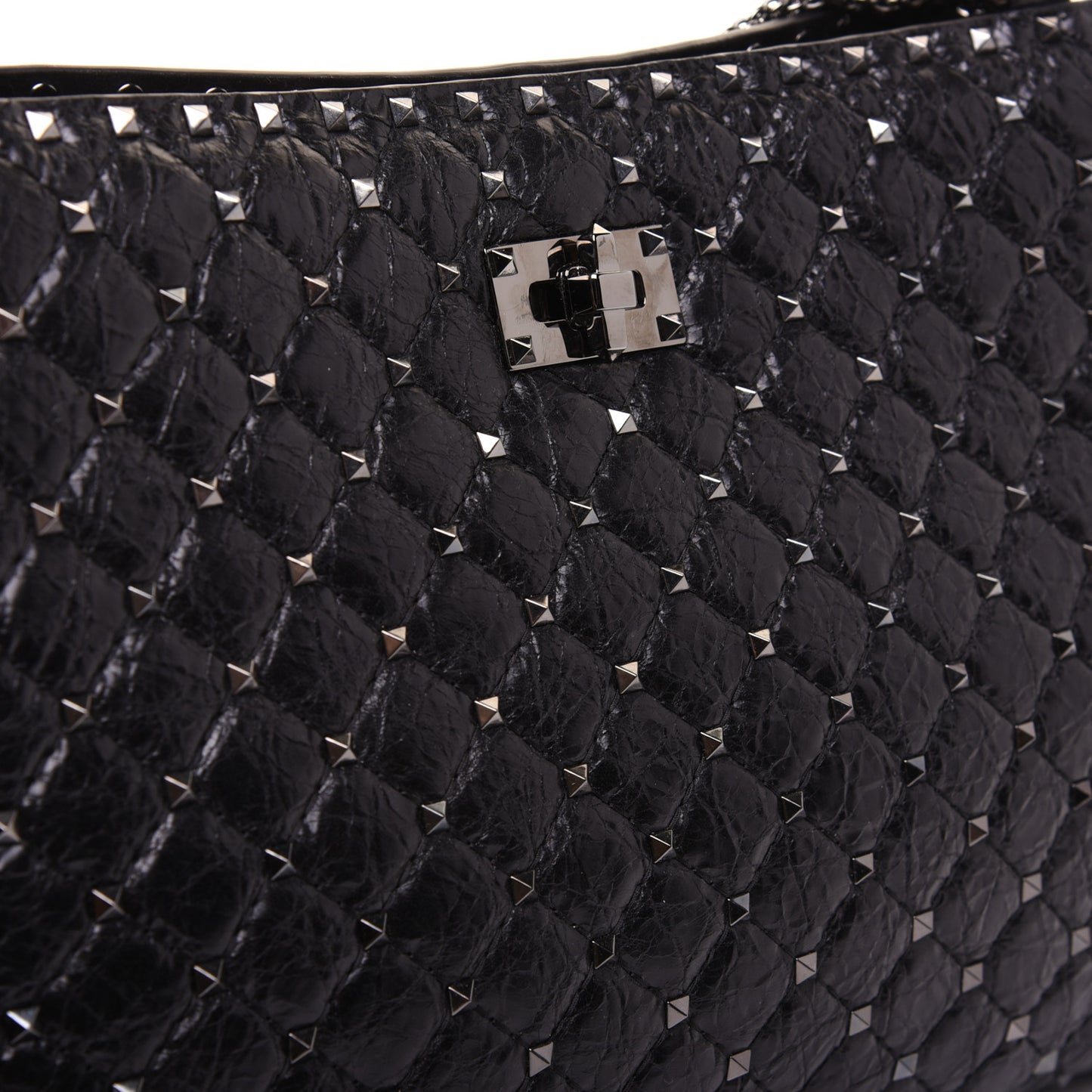 Craquele Nappa Rockstud Spike Shoulder Tote Black