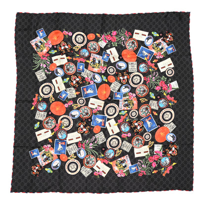 Gucci Silk Twill Monogram Courrier Square Scarf Black Light Grey 1 of 4