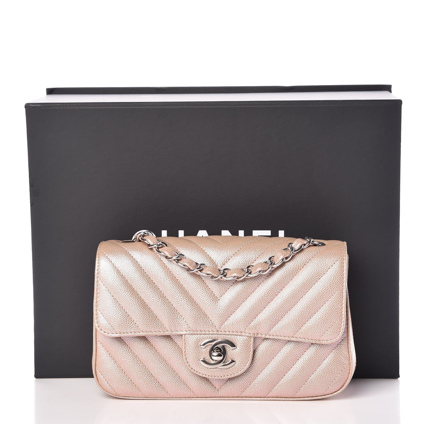 Iridescent Caviar Chevron Quilted Mini Rectangular Flap Light Gold