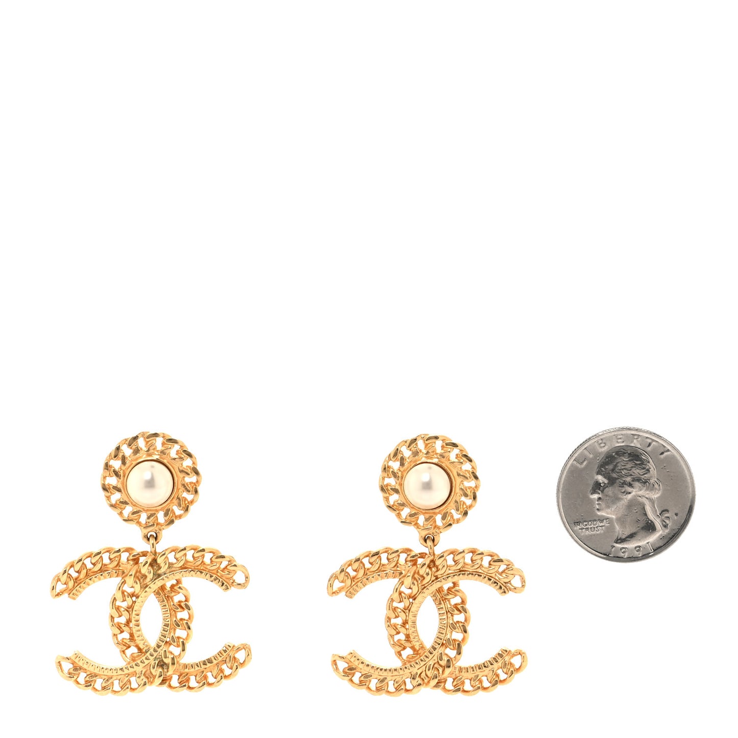 Metal Pearl CC Chain Drop Earrings Gold