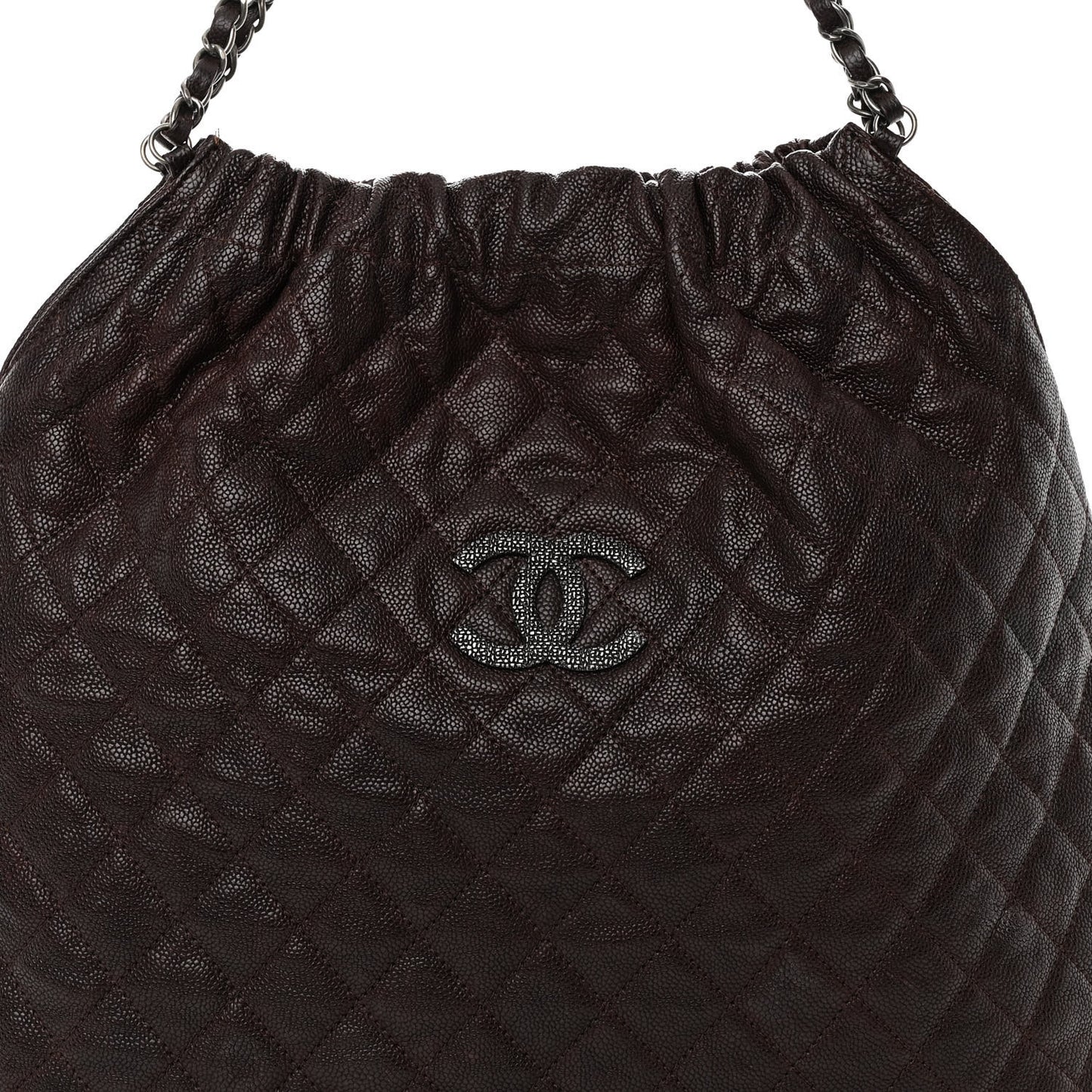 Distressed Glazed Caviar Quilted Large Elastic Tote Dark Brown