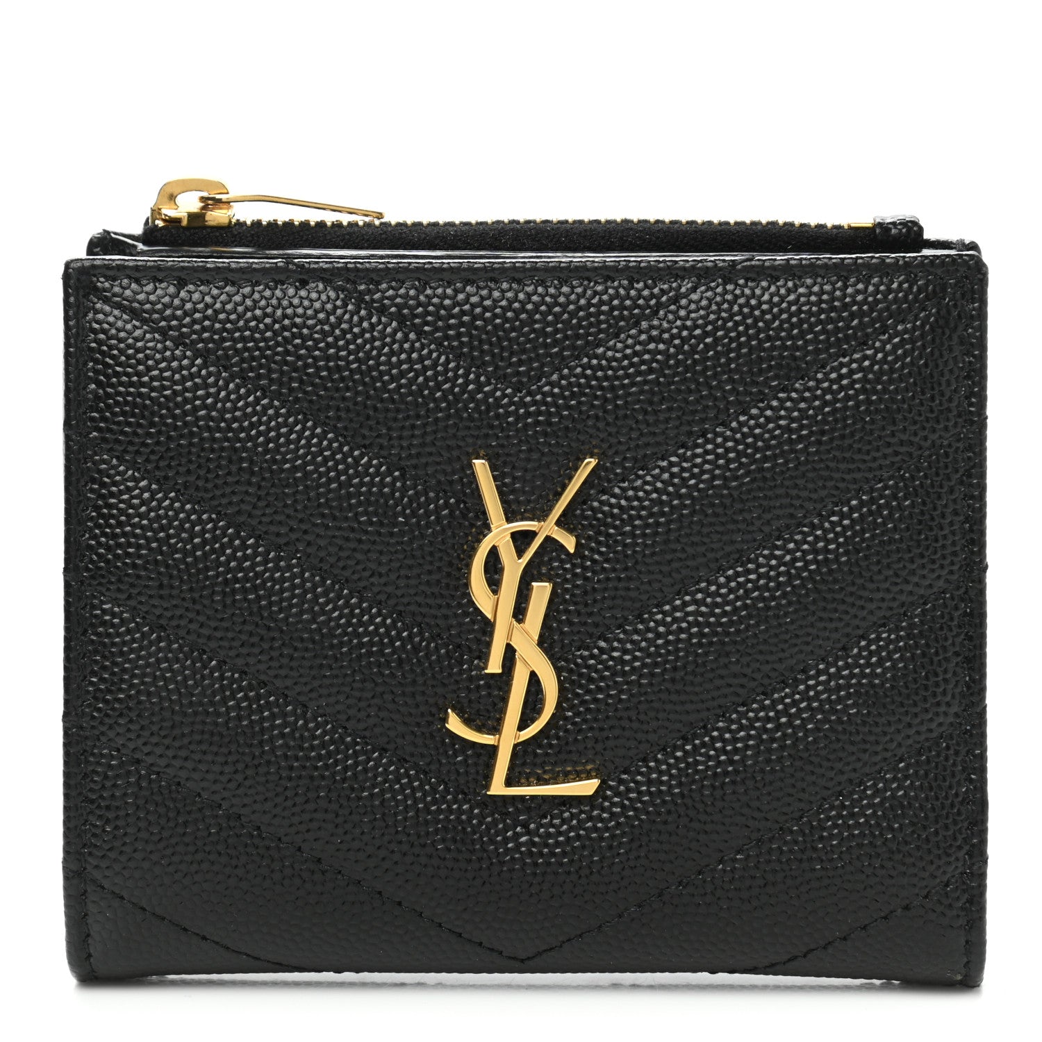 Saint Laurent Grain De Poudre Matelasse Chevron Monogram Zipped Card Case Black 1 of 9