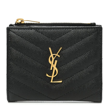 Saint Laurent Grain De Poudre Matelasse Chevron Monogram Zipped Card Case Black 1 of 9