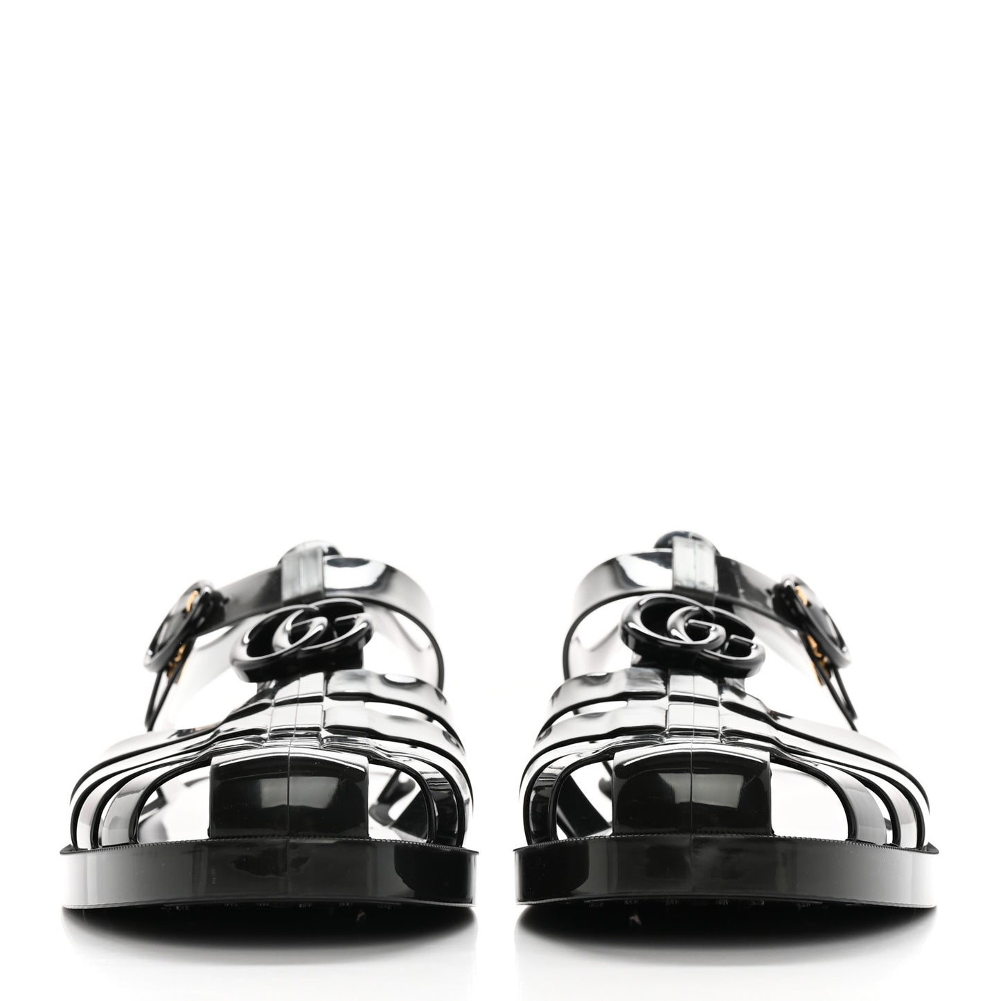 Shiny Rubber Double G Buckle Strap Sandals 10 Black