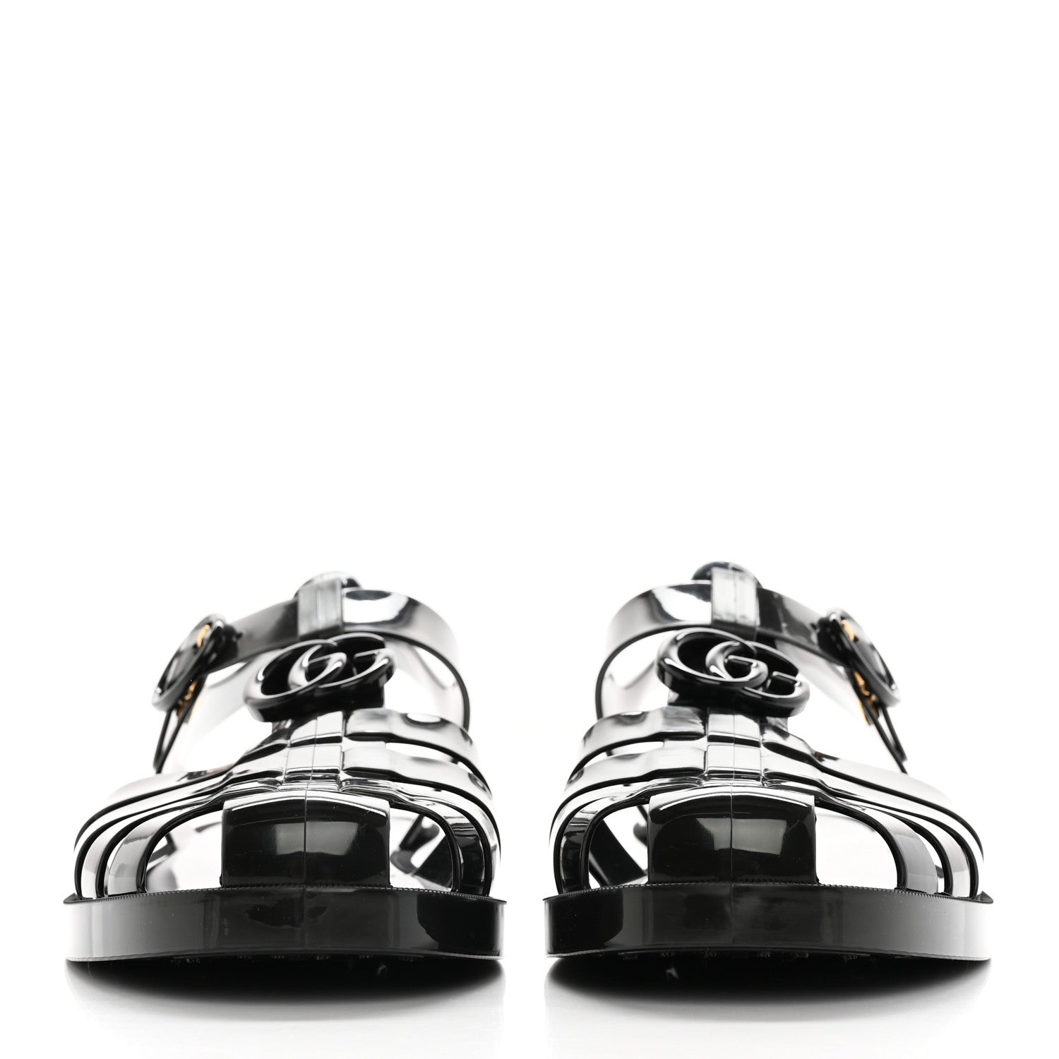 Gucci Shiny Rubber Double G Buckle Strap Sandals 10 Black 2 of 14