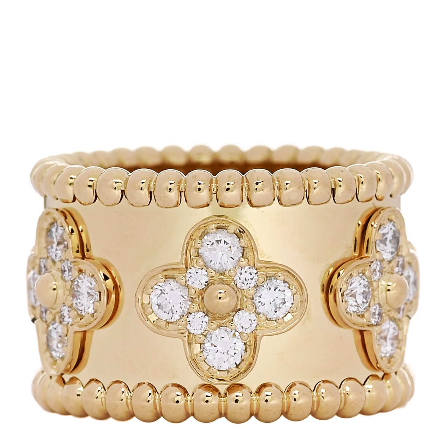 18K Yellow Gold Diamond Perlee Clovers Ring 49 5