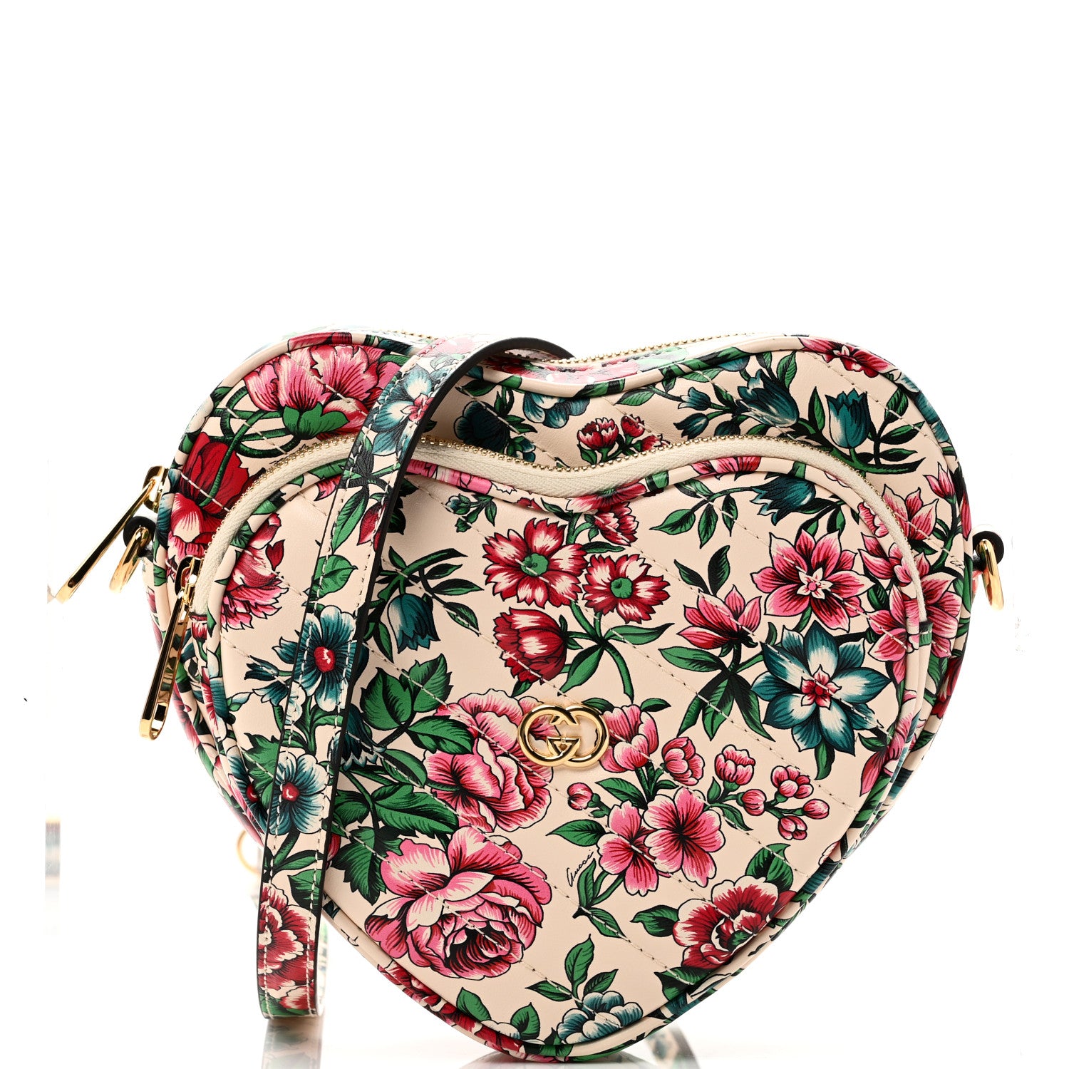 Gucci Calfskin Matelasse Diagonal Brit Roses Print Mini Interlocking G Heart Shoulder Bag  White Multicolor 10 of 12