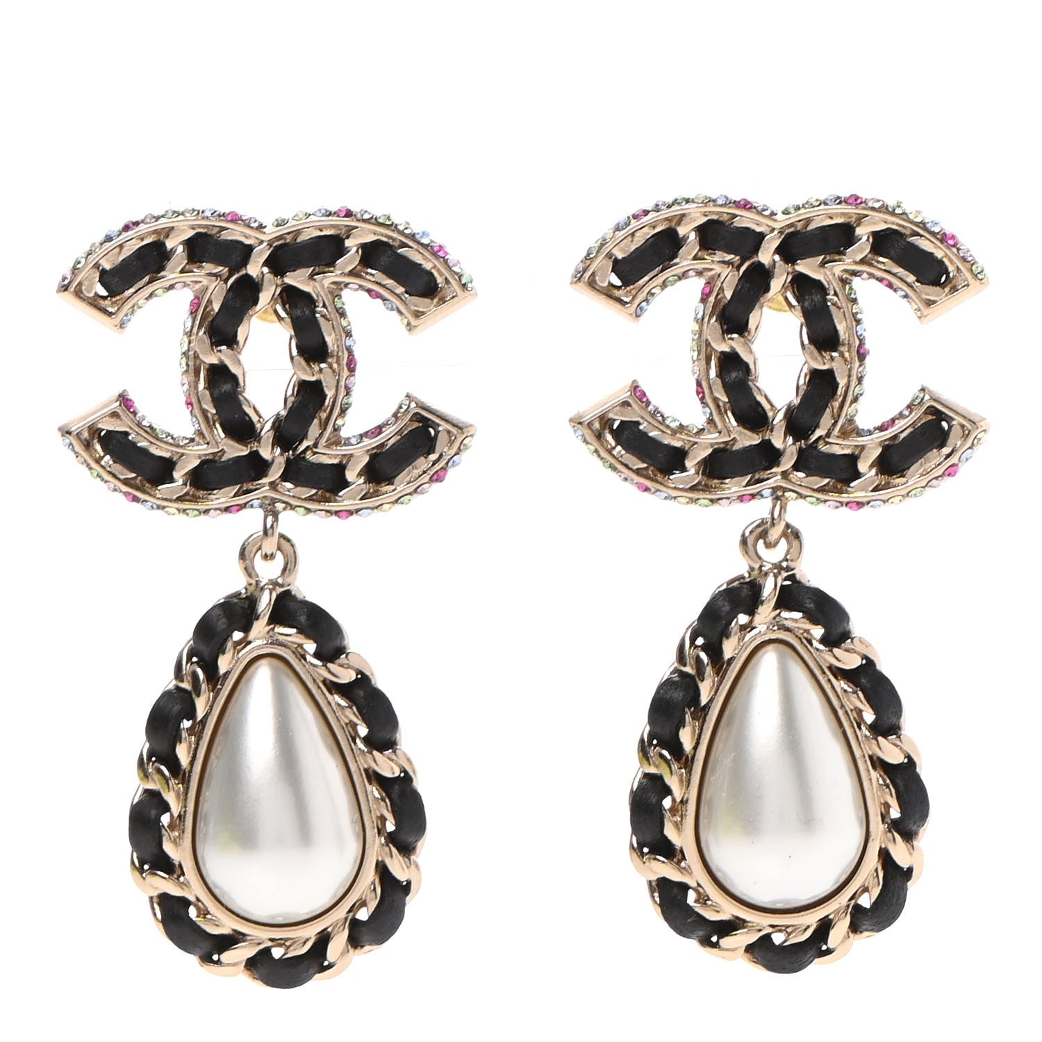 Chanel Lambskin Crystal Pearl CC Drop Earrings Gold Pearly White Black Multicolor 1 of 5