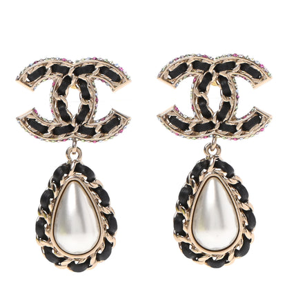 Chanel Lambskin Crystal Pearl CC Drop Earrings Gold Pearly White Black Multicolor 1 of 5