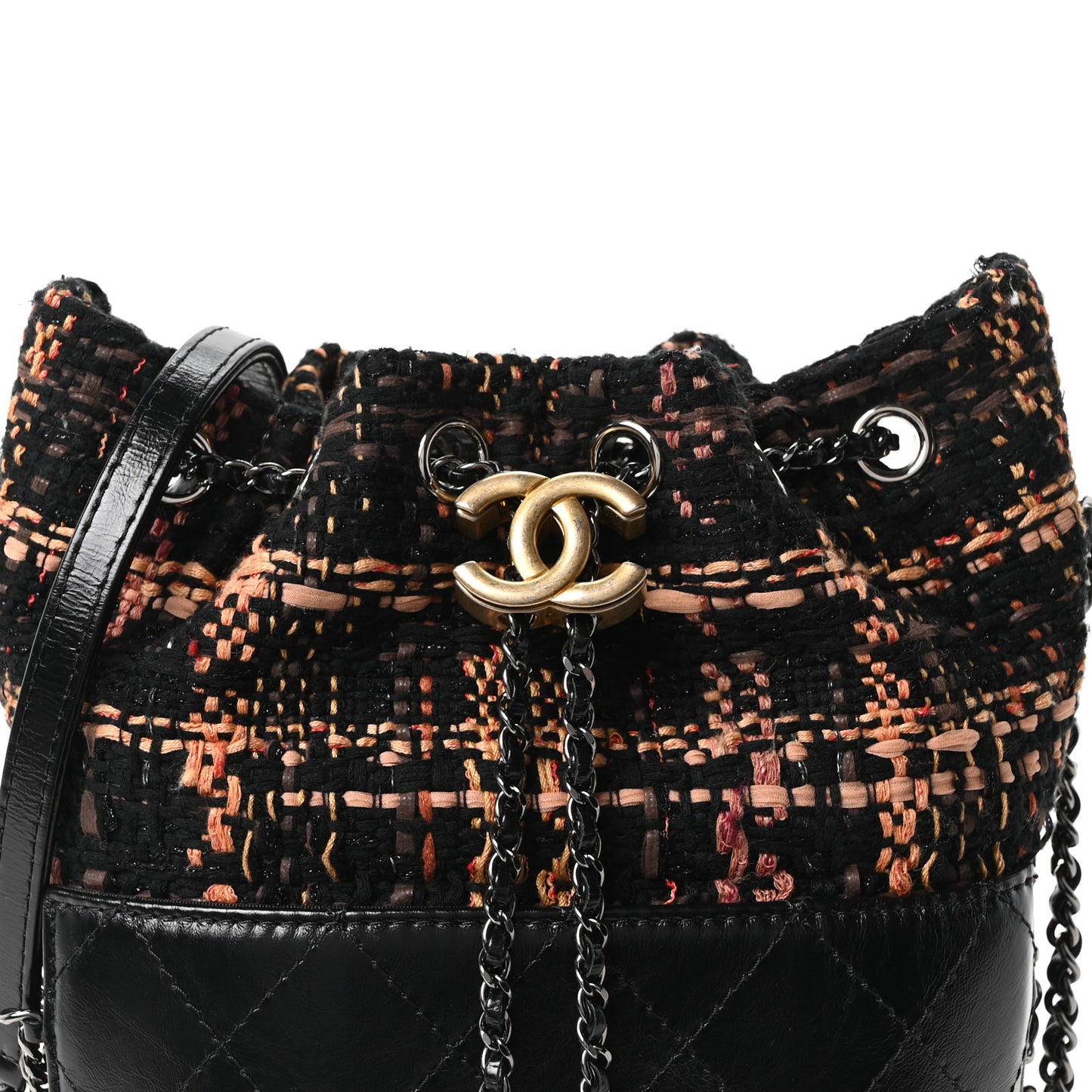 Tweed Calfskin Quilted Small Gabrielle Bucket Black Brown Orange