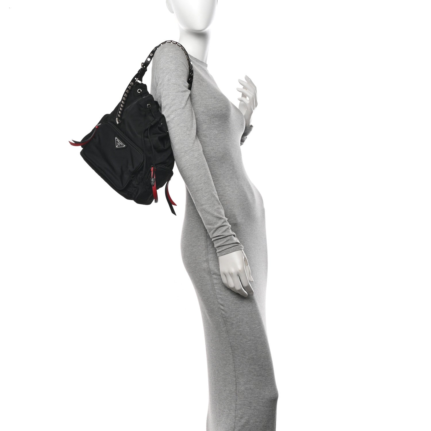 Prada Tessuto Nylon Studded New Vela Mini Bucket Crossbody Bag Black Fuoco 2 of 11