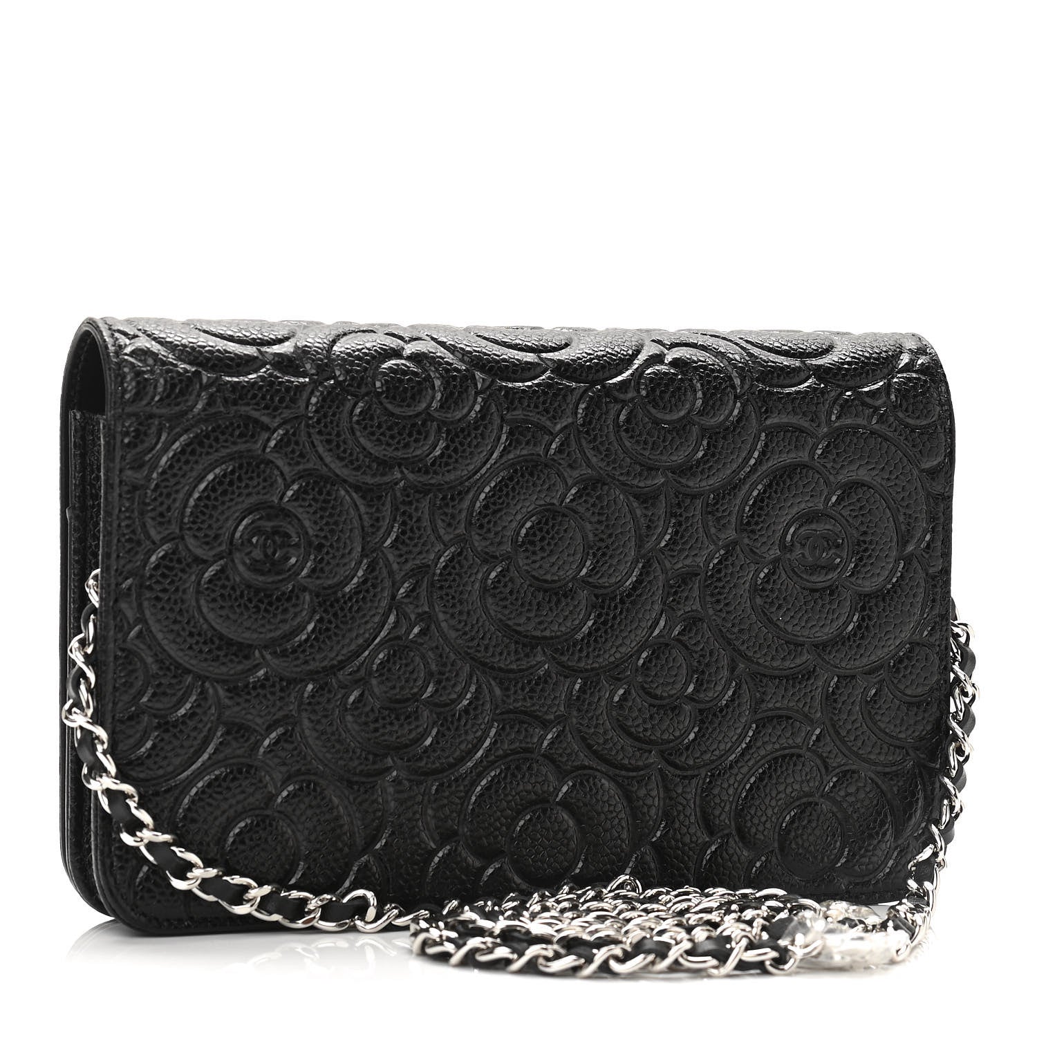 Chanel Caviar Camellia Embossed Wallet On Chain WOC Black 3 of 12