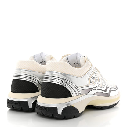 Chanel Fabric Laminated Calfskin Stretch CC Sneakers 39 White Silver 4 of 9