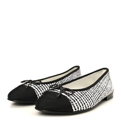 Chanel Tweed Sequin Grosgrain Cap Toe Ballerina Flats 39.5 Black White 4 of 10