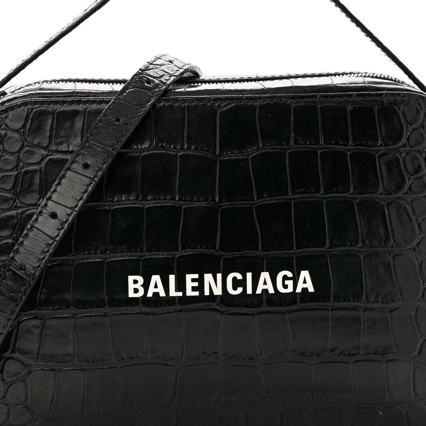 Shiny Calfskin Logo Crocodile Embossed S Everyday Camera Bag with Handle Black