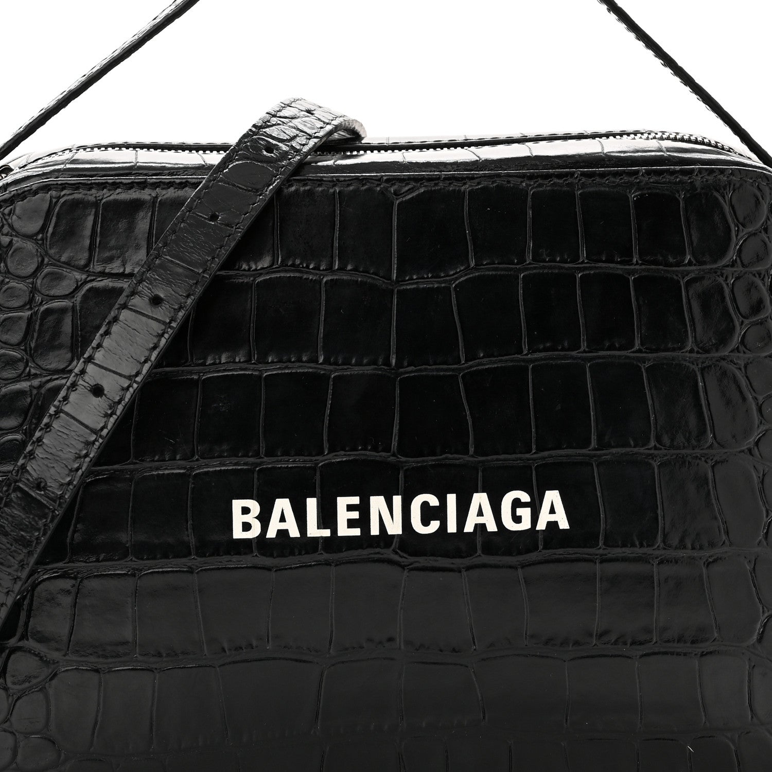 Balenciaga Shiny Calfskin Logo Crocodile Embossed S Everyday Camera Bag with Handle Black 7 of 10